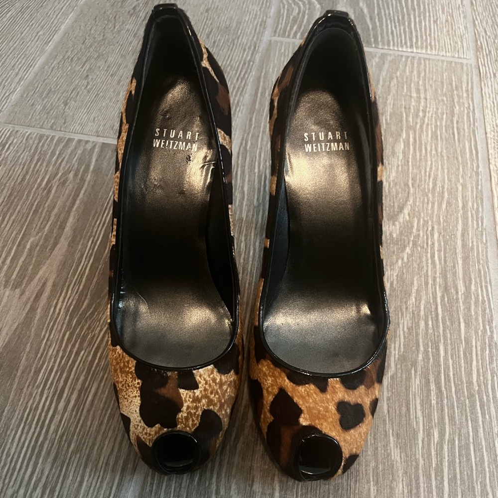 Stuart Weitzman Leopard Print Peep-Toe Heels - Brown/Black